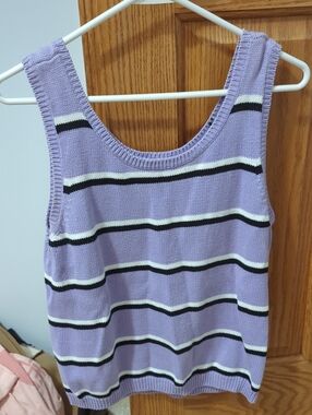 JEANNE PIERRE Lavender, Black & White Striped Knit Tank